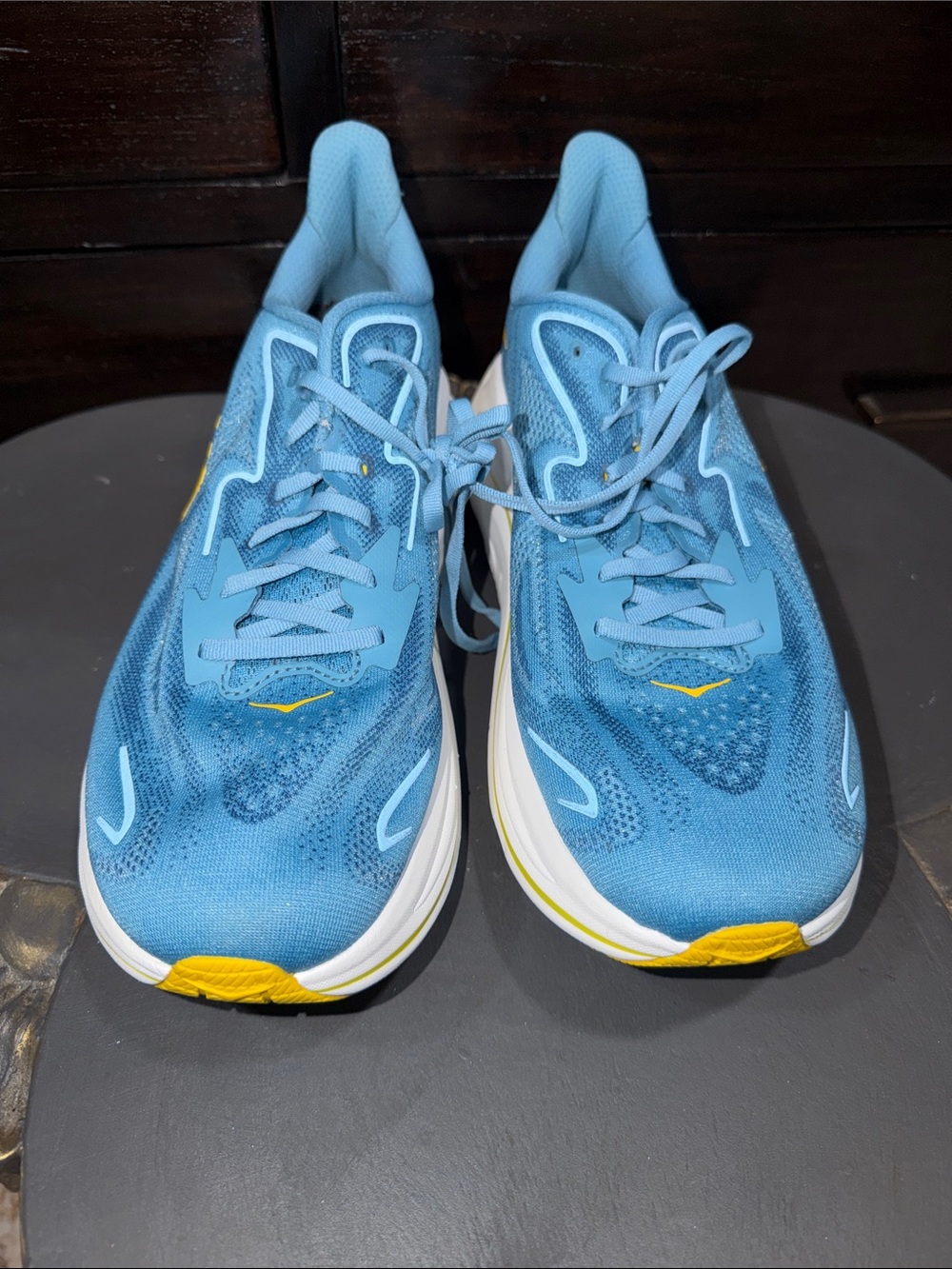 BNWOT Hoka Clifton 10 Light Blue Running Shoes with Yellow Accents